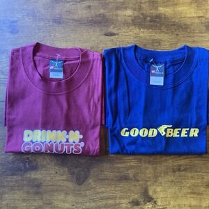 2 Funny Beer Drinking T-Shirts Bundle Good Beer Donuts Humor Hanes Beefty Tee Sm